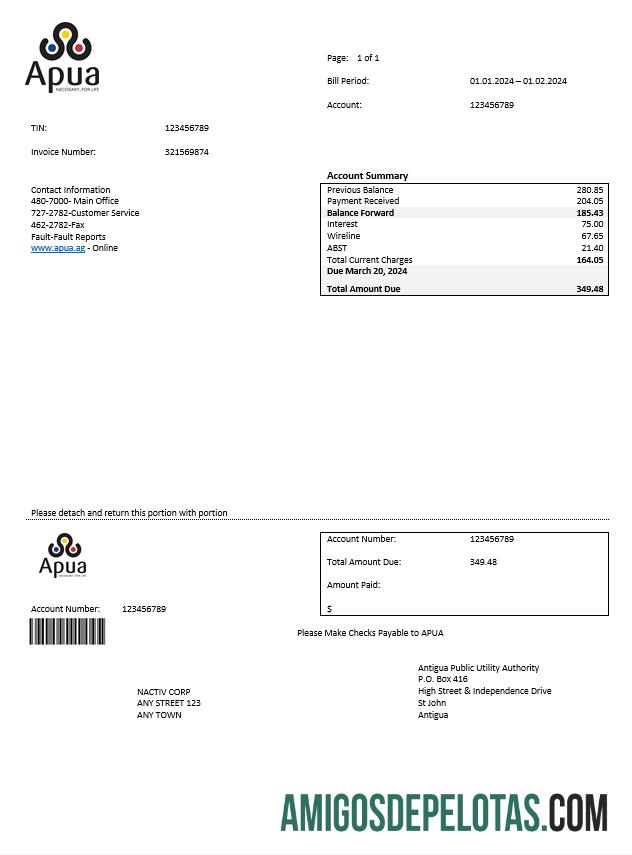 para download ANTÍGUA E BARBUDA APUA Business Utility Bill Modelo Word e PDF